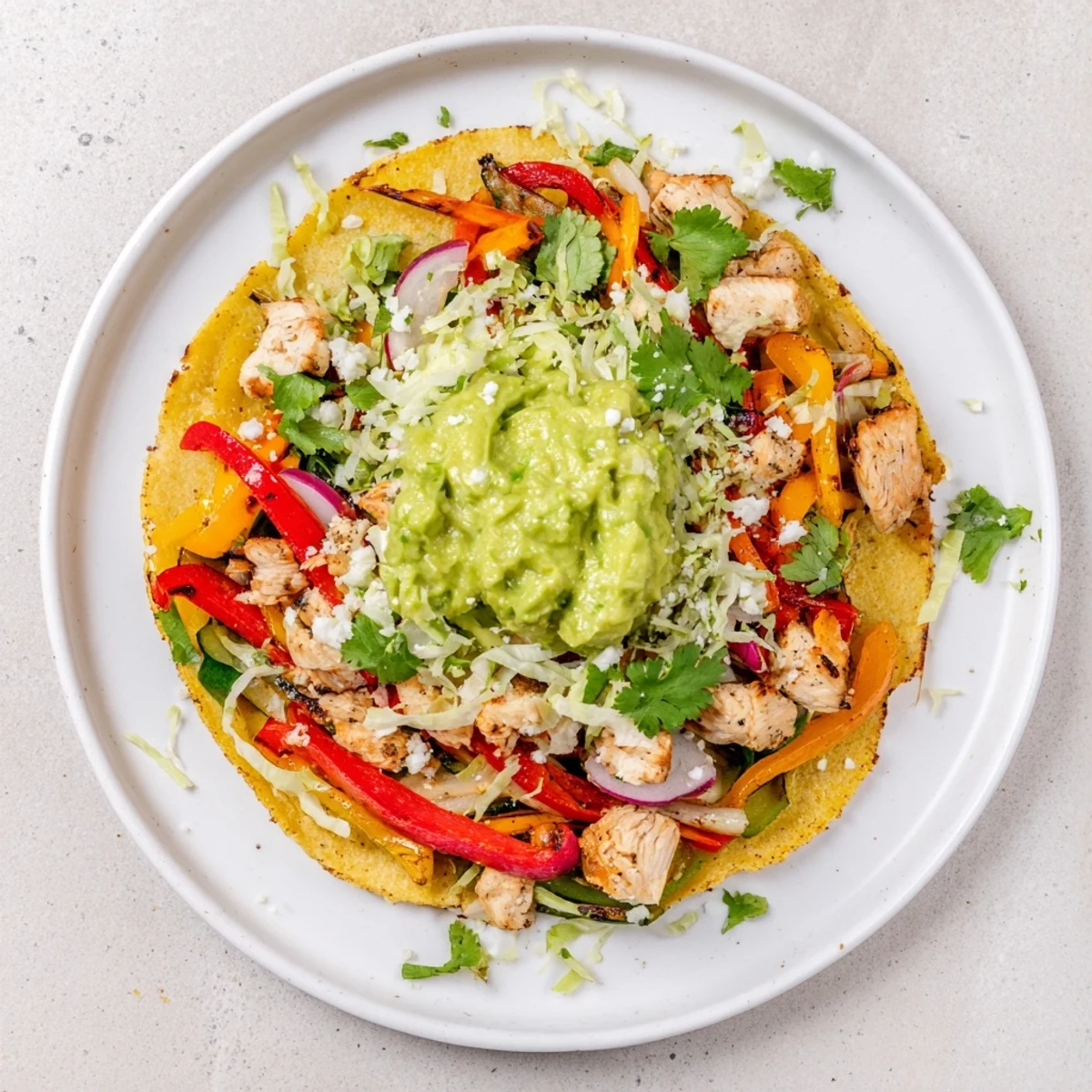 Golden crispy corn tostadas loaded with juicy spiced chicken, sautéed peppers, and creamy guacamole.  