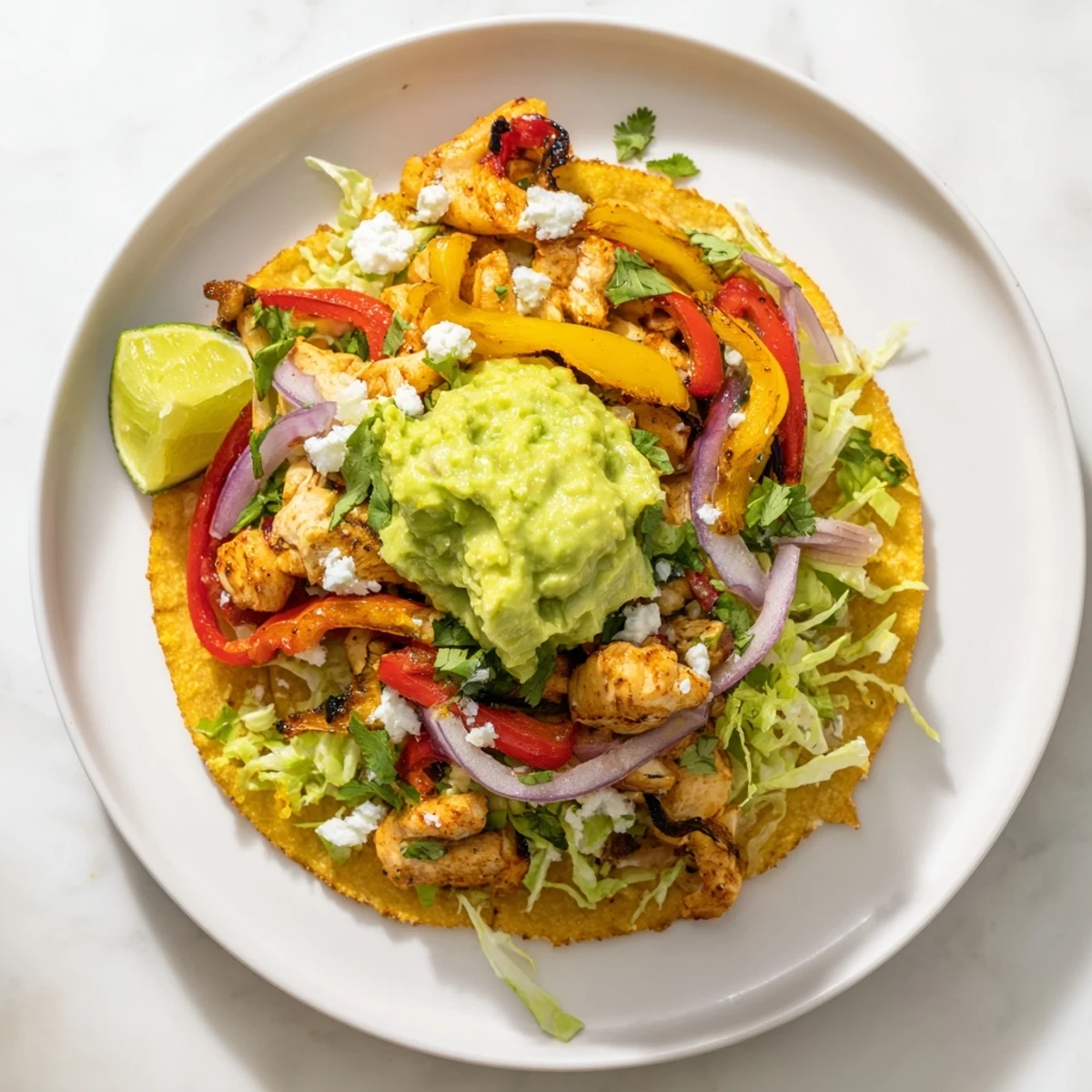 Crunchy gluten-free tostadas featuring tender chicken, colorful veggies, and a hearty dollop of guacamole.