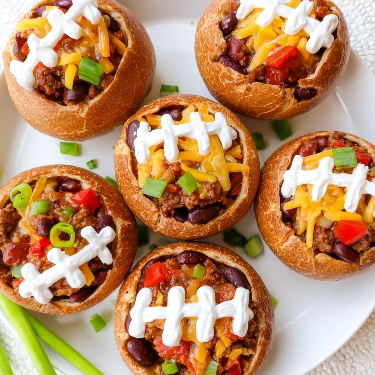 Close-up of a Mini Chili Football Bread Bowl showing a crispy bread crust and a rich, smoky chili filling with melted cheddar, perfect for a family-friendly appetizer spread.