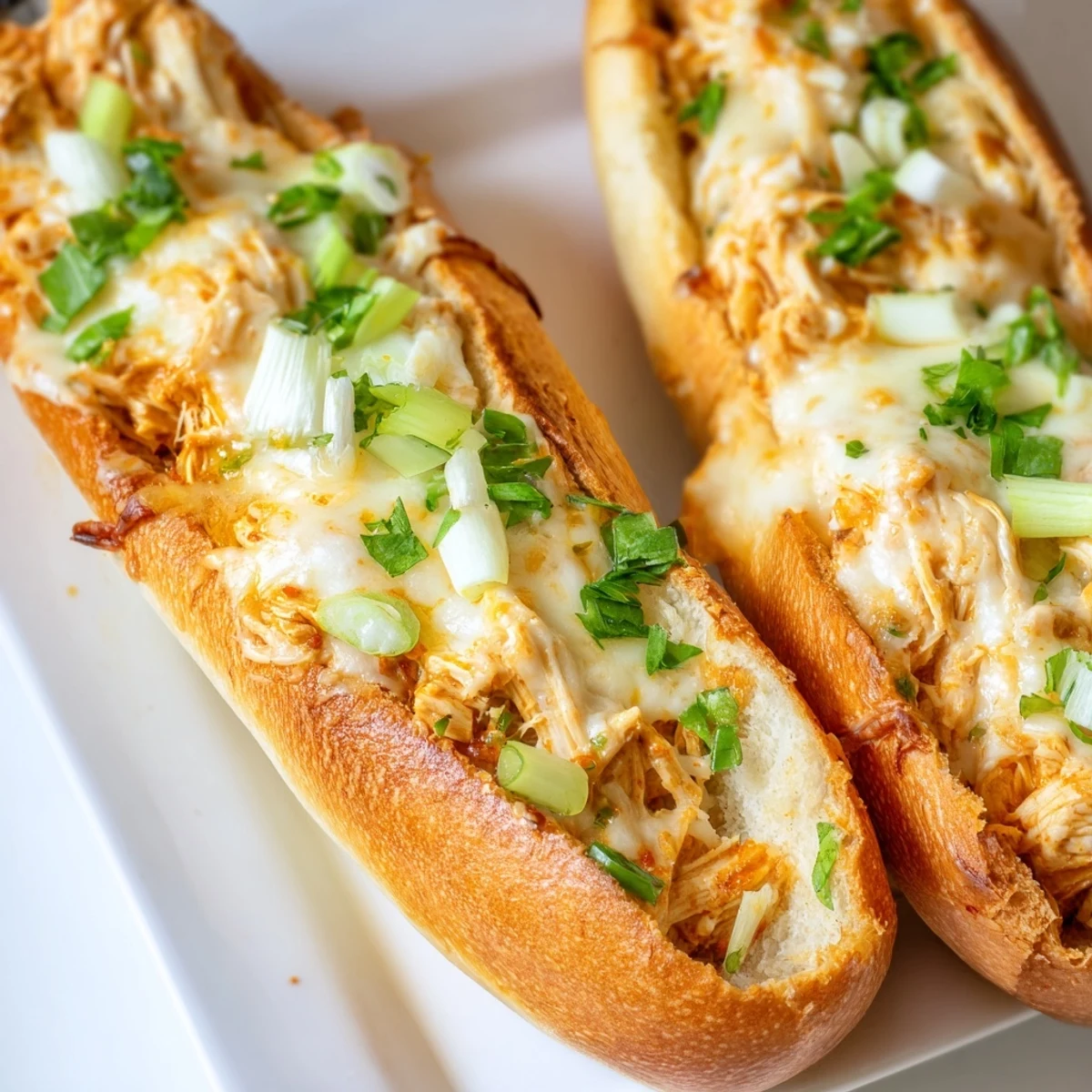 Golden-brown Cheesy Buffalo Chicken Stuffed French Bread sits on a wooden board, garnished with green onions and parsley.