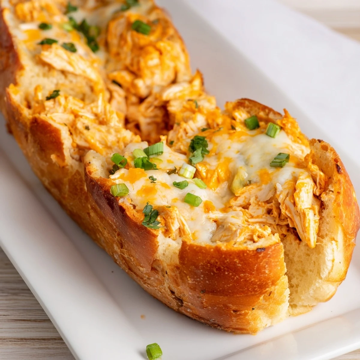 Close-up of Cheesy Buffalo Chicken Stuffed French Bread, showing spicy buffalo chicken filling inside a hollowed French bread loaf.