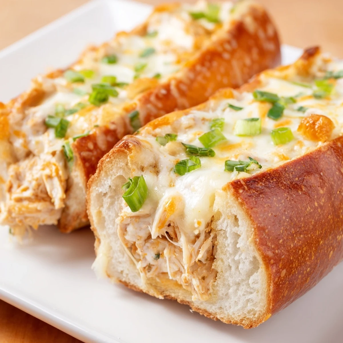 Cheesy Buffalo Chicken Stuffed French Bread is served warm, with melted cheddar and mozzarella bubbling from the crispy crust.
