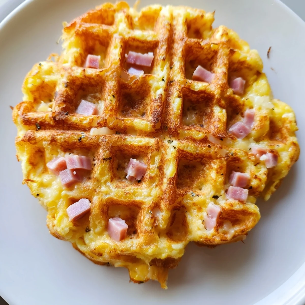 Golden crispy Ham and Cheese Chaffles fresh from the waffle iron, topped with a dollop of sour cream.  