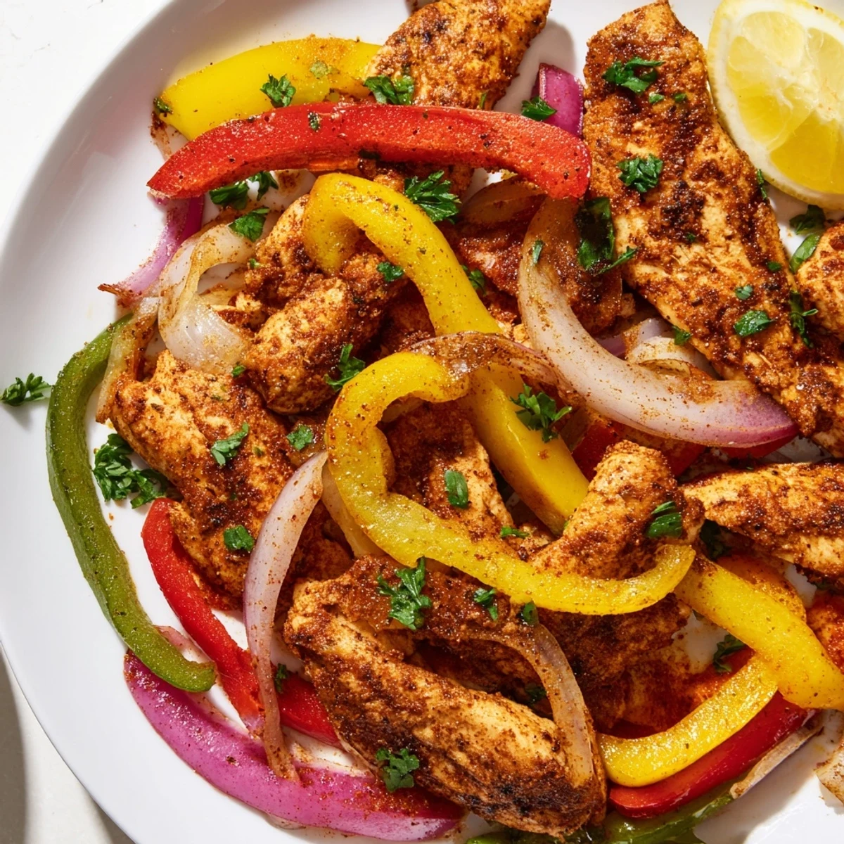 Tender Cajun chicken bell peppers spicy delight sizzling with colorful veggies in a skillet.  