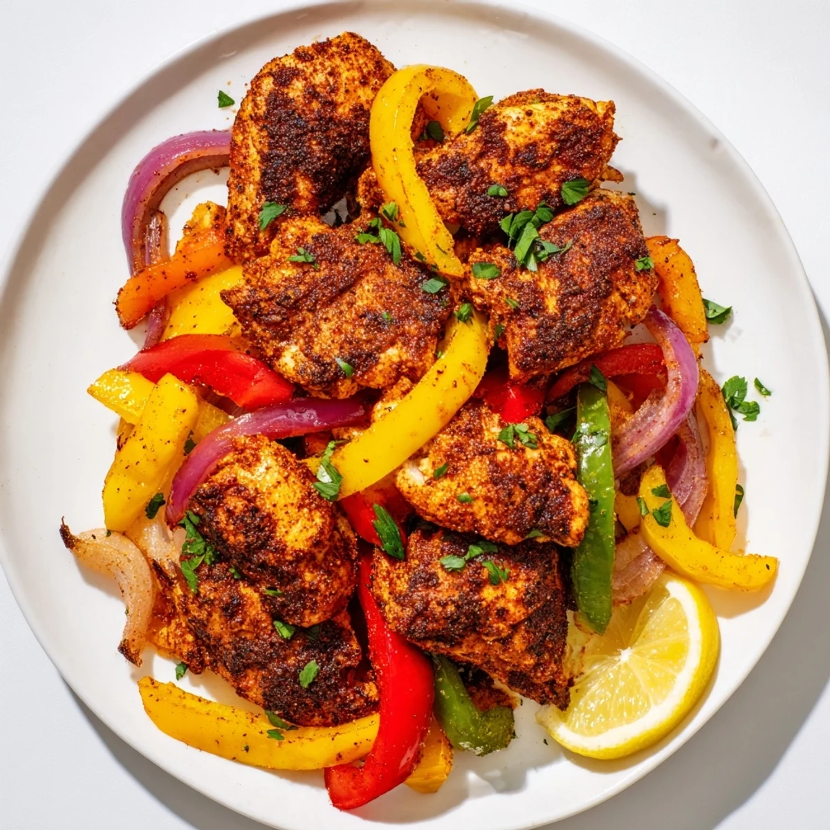 Hearty Cajun chicken bell peppers spicy delight garnished and ready to serve over fluffy rice.