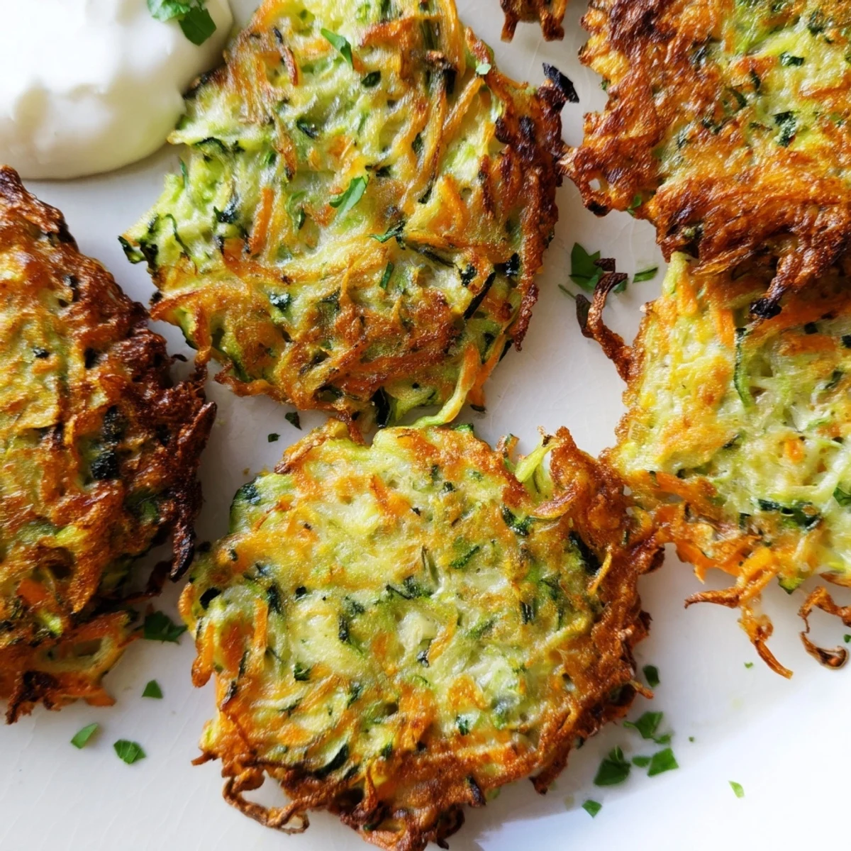 Crispy Easy Zucchini Fritters sizzling golden brown in a skillet, ready to serve with a cool yogurt dip.