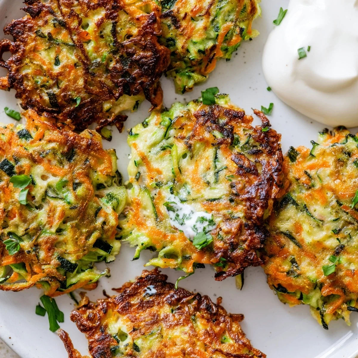 Freshly cooked Crispy Easy Zucchini Fritters stacked on a plate, garnished with green herbs and a lemon wedge.