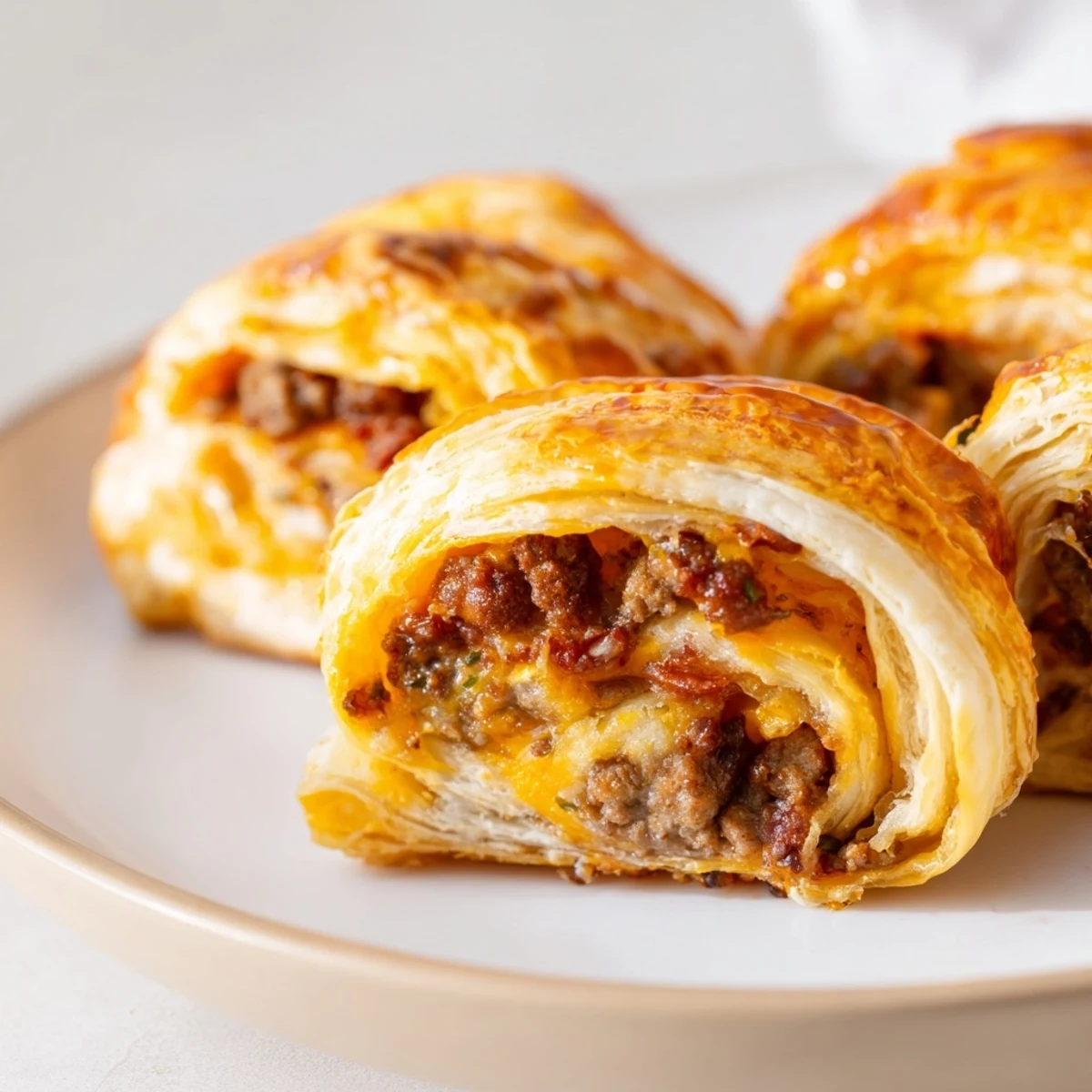 Golden brown Cheesy Bacon Burger Rollups made with flaky puff pastry, ground beef, and bacon on a rustic board.