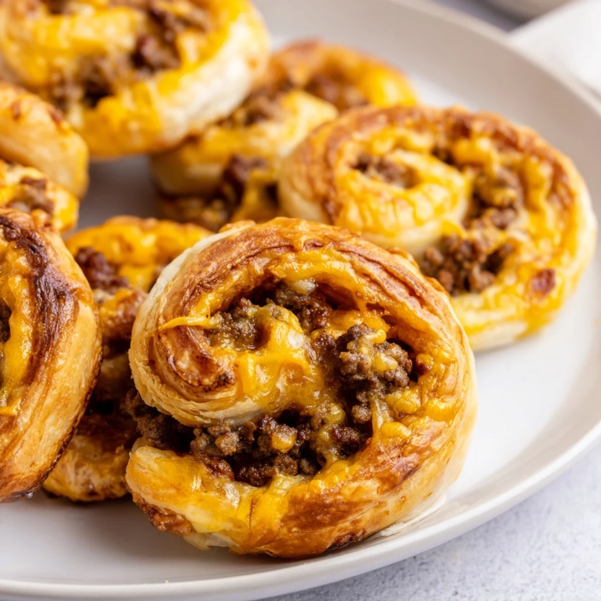 Warm Cheesy Bacon Burger Rollups stacked on a wooden board, ready to serve with ketchup and mustard dips.
