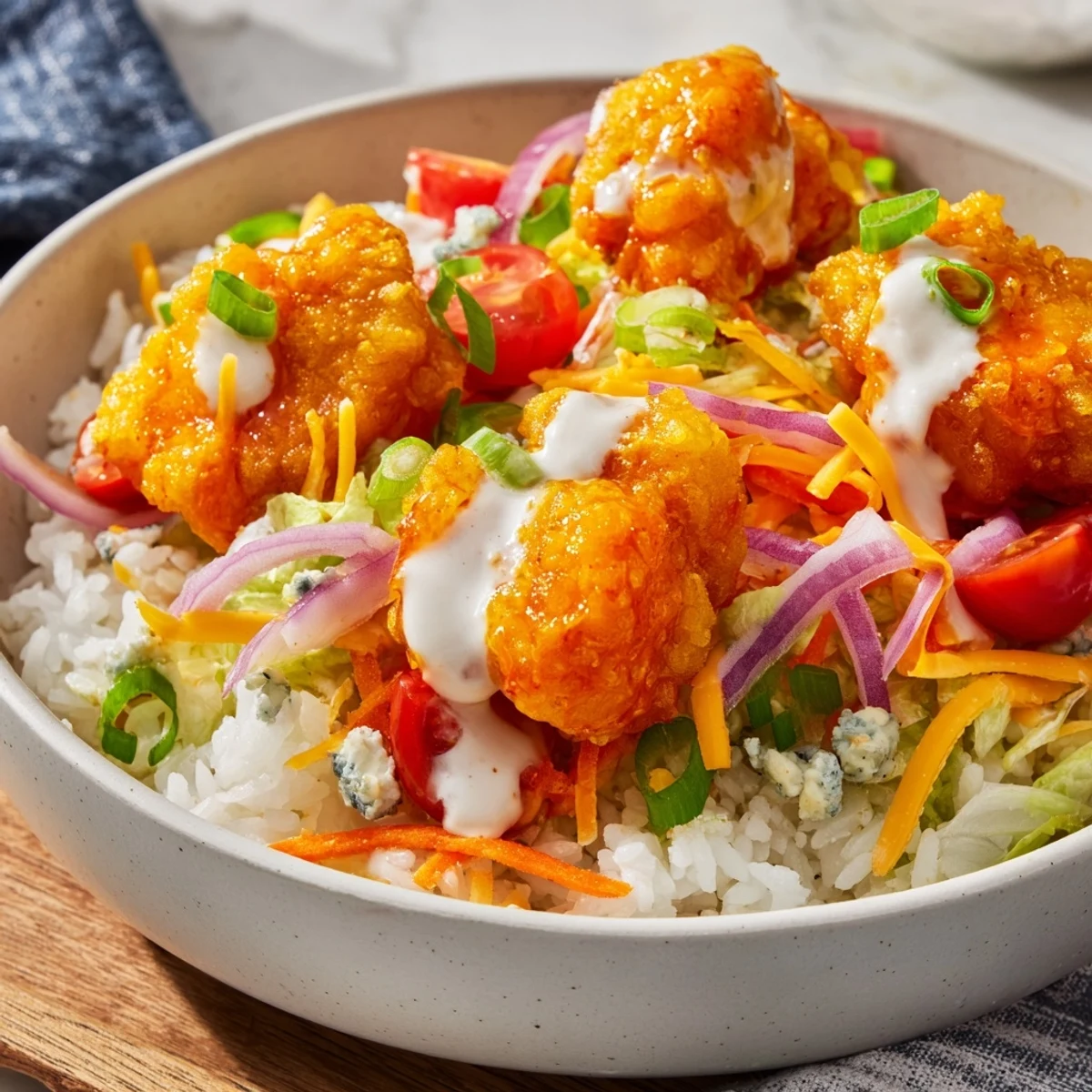 Steam rises from hot Buffalo Chicken Bowls with crunchy veggies, melty cheese, and tangy ranch sauce.