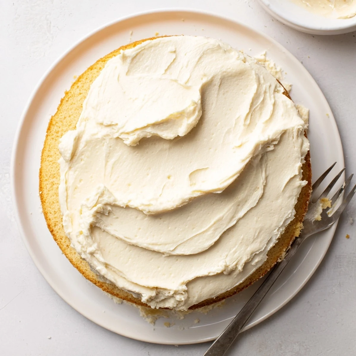 This freshly frosted Perfect Vanilla Cake showcases moist layers and creamy vanilla buttercream on a plate.