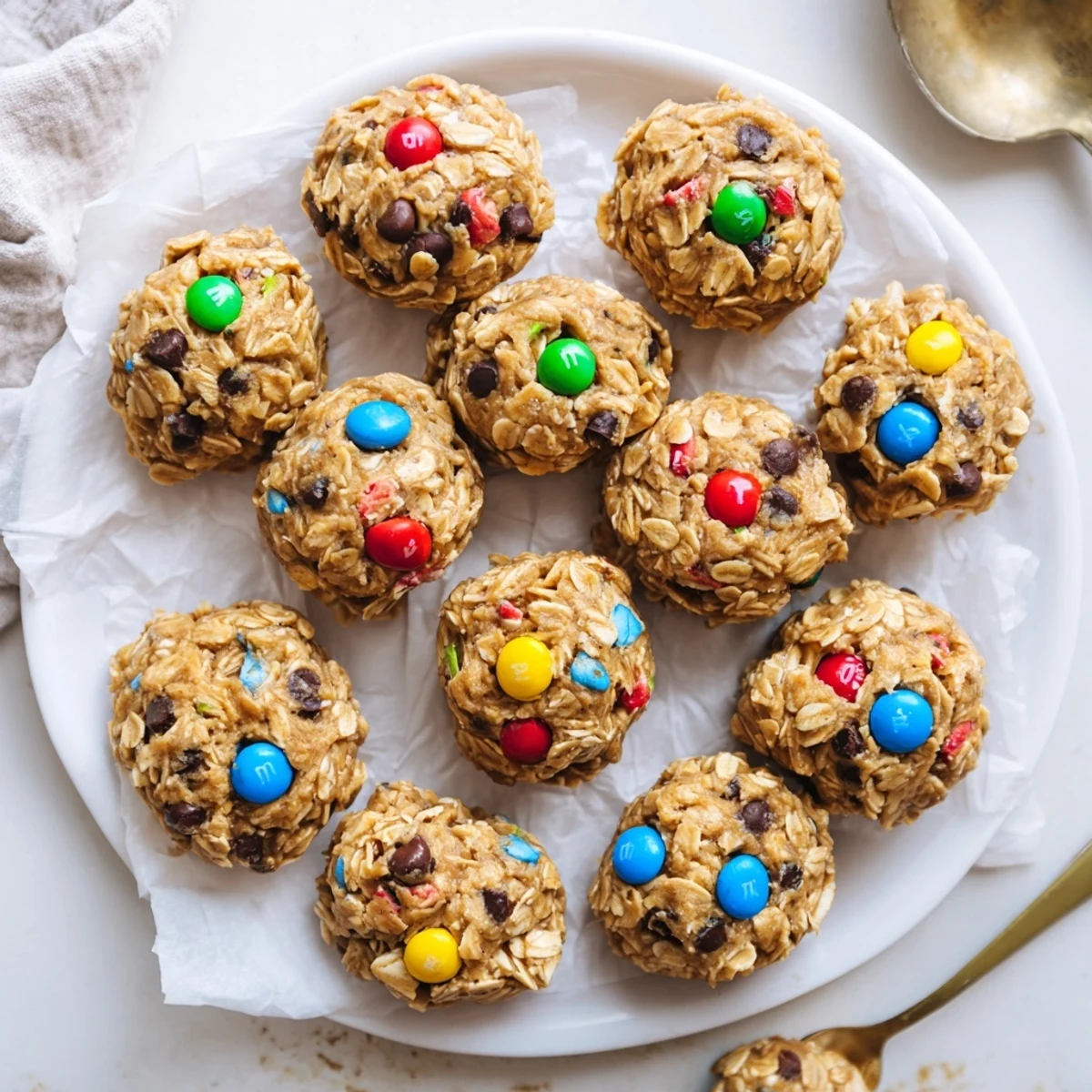 These no-bake Monster Cookie Protein Balls are displayed on a wooden board with peanut butter swirls and a glass of cold milk.