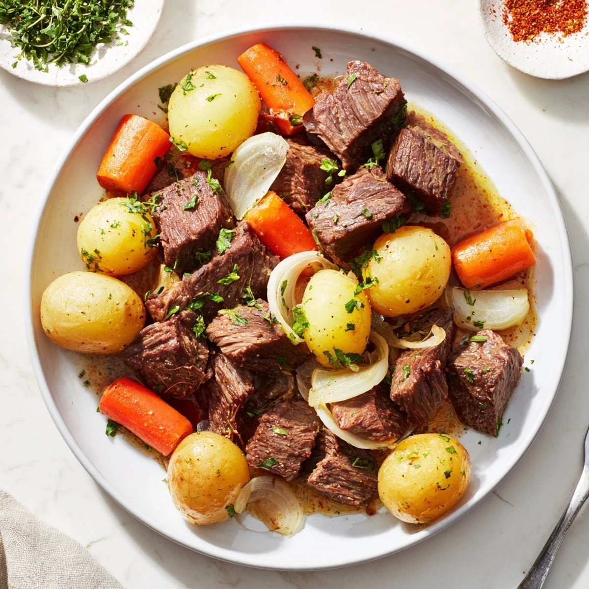 Hearty Slow Cooker Garlic Butter Beef with Potatoes bubbling in a slow cooker, surrounded by tender meat and buttery garlic herb sauce.