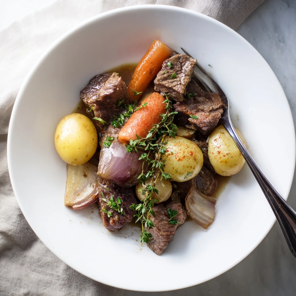 Fork-tender Slow Cooker Garlic Butter Beef with Potatoes in a rich, garlicky butter sauce alongside soft baby potatoes and onions.