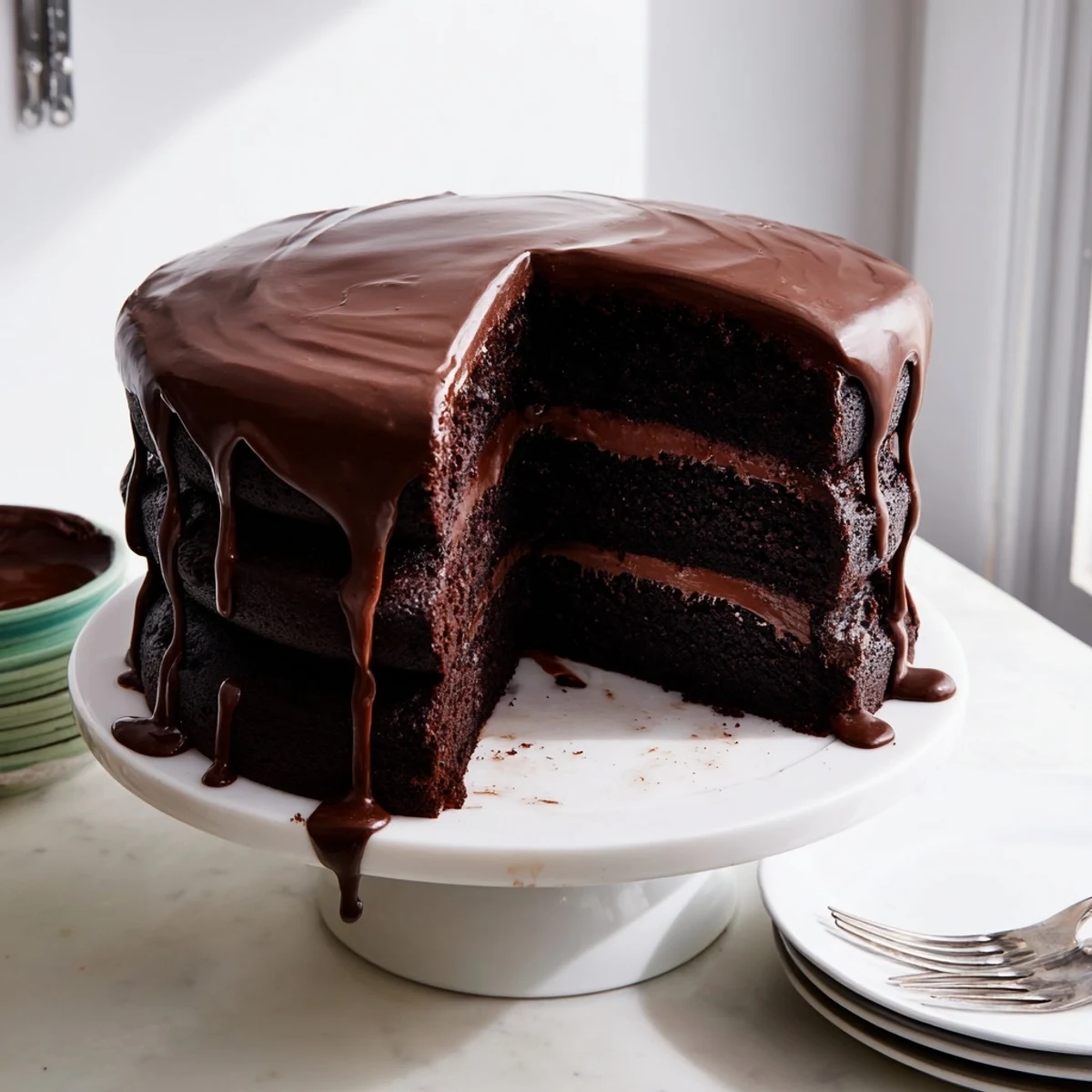 Three stacked layers of Triple Matilda Chocolate Cake with glossy ganache dripping down the sides.
