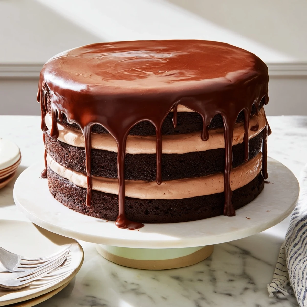 A moist slice of Triple Matilda Chocolate Cake served with vanilla ice cream and berries.