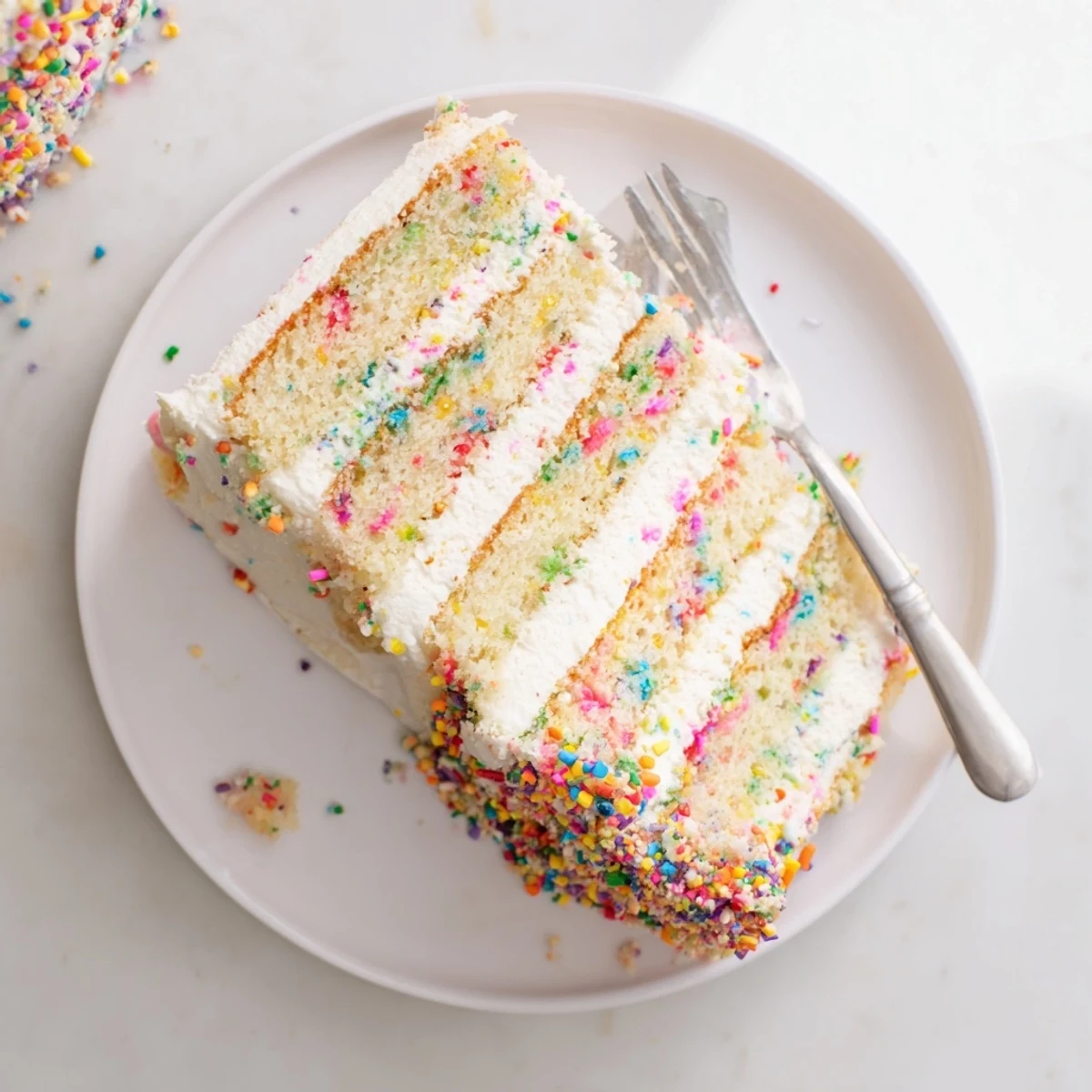 A slice of Milk Bar Birthday Cake reveals vibrant rainbow sprinkles inside layers of moist vanilla sponge and creamy frosting.