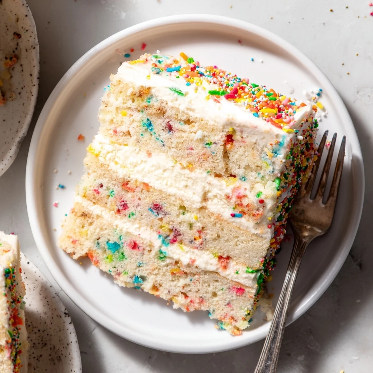 The Milk Bar Birthday Cake shows colorful sprinkles crumbled into creamy frosting between tender vanilla layers on a white plate.