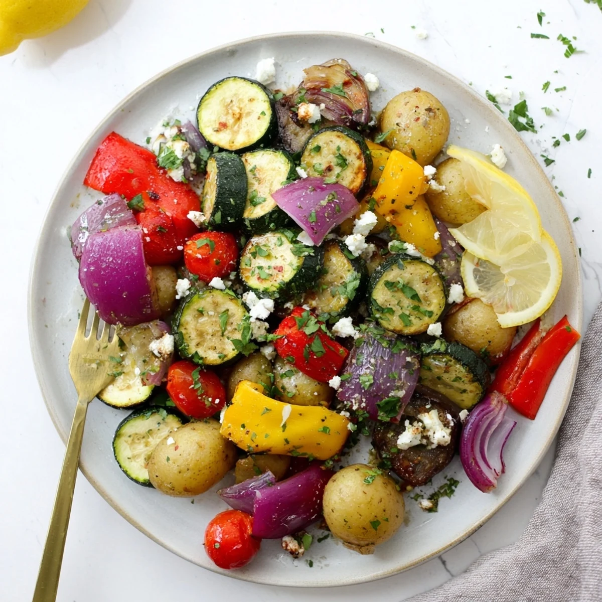 Roasted One Pan Greek Vegetables with caramelized edges and bright herbs.