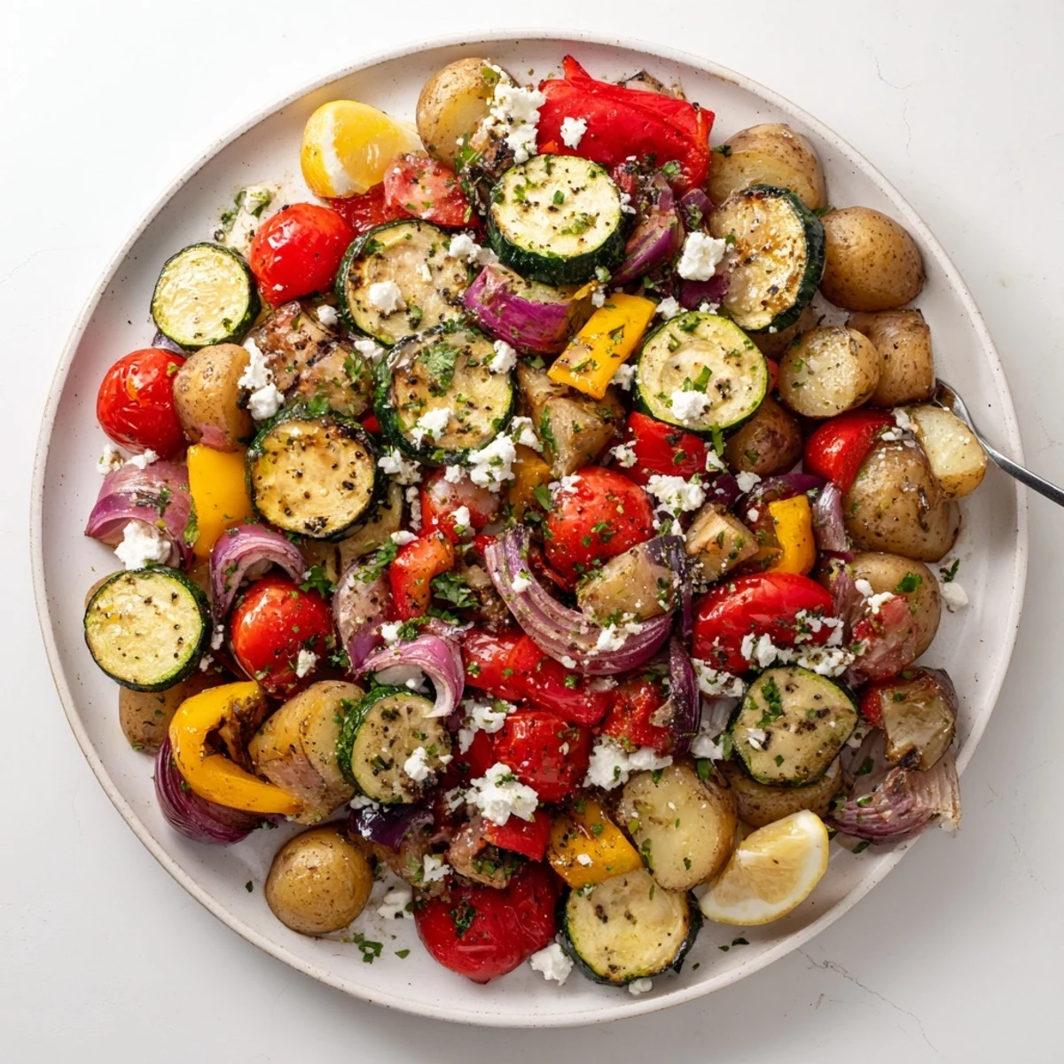 This side dish features tender zucchini, peppers, and tomatoes topped with crumbled feta.