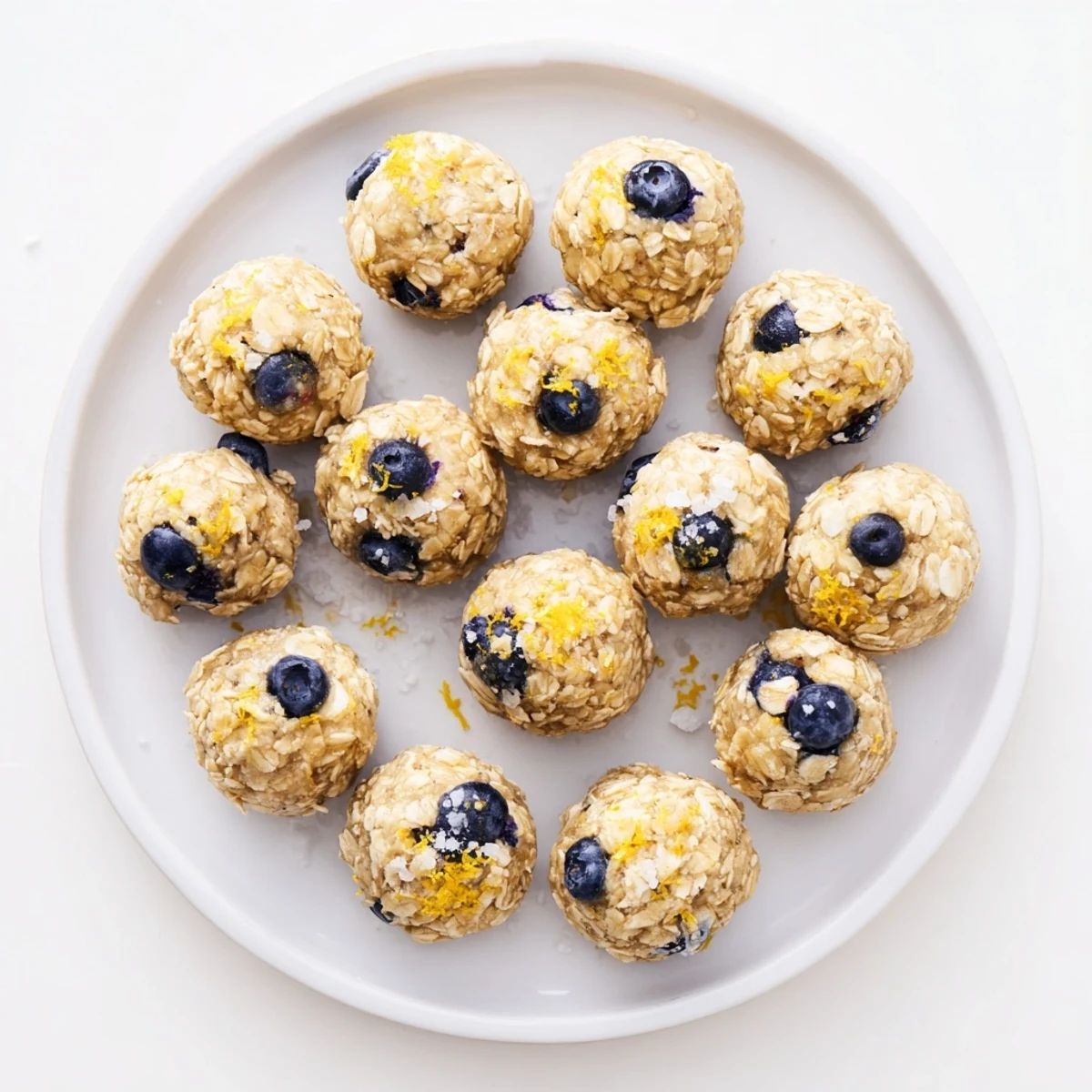 A close-up view of Blueberry Cheesecake Protein Bites topped with extra blueberries and lemon zest for a bright flavor.