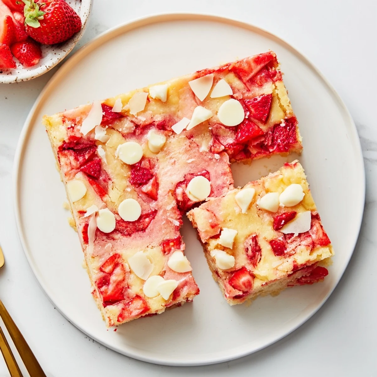 A slice of moist Strawberry Earthquake Cake with creamy swirls and fresh berry bursts on a white plate.
