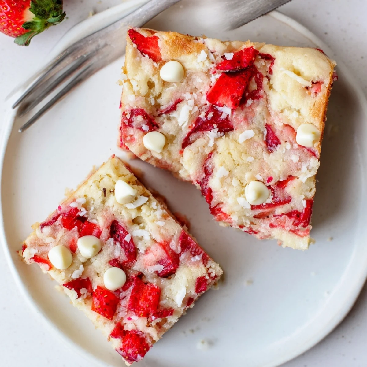 Strawberry Earthquake Cake cooling in a 9x13 pan with white chocolate chips and shredded coconut topping.