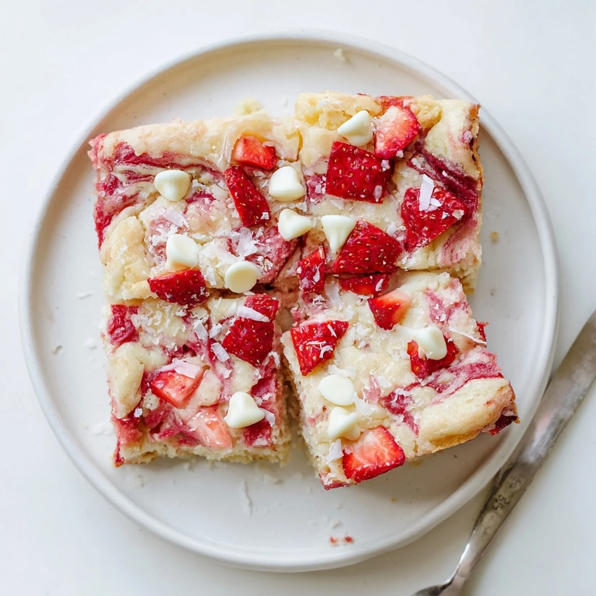 The gooey center of a freshly baked Strawberry Earthquake Cake spills out beside a dollop of whipped cream.