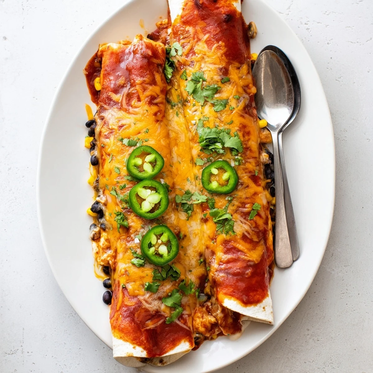 Baked chicken enchiladas featuring tender shredded meat and melted Mexican cheese under zesty red sauce