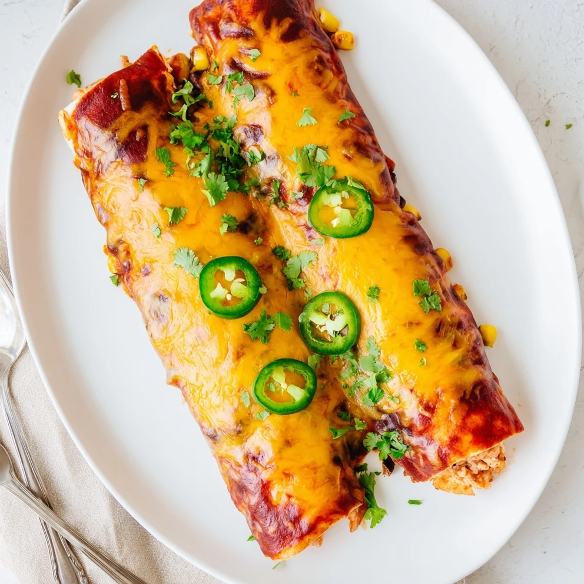 Golden chicken enchiladas fresh from the oven, garnished with cilantro and served with sour cream