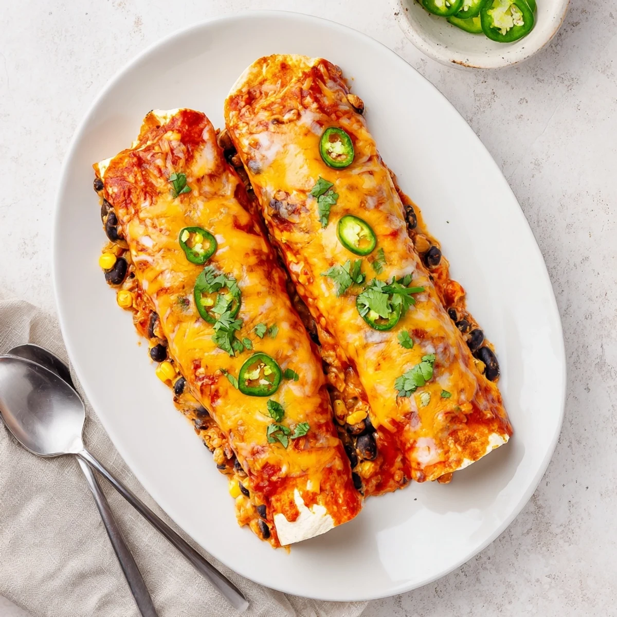 Cheesy chicken enchiladas rolled in soft tortillas, smothered in enchilada sauce and bubbling hot
