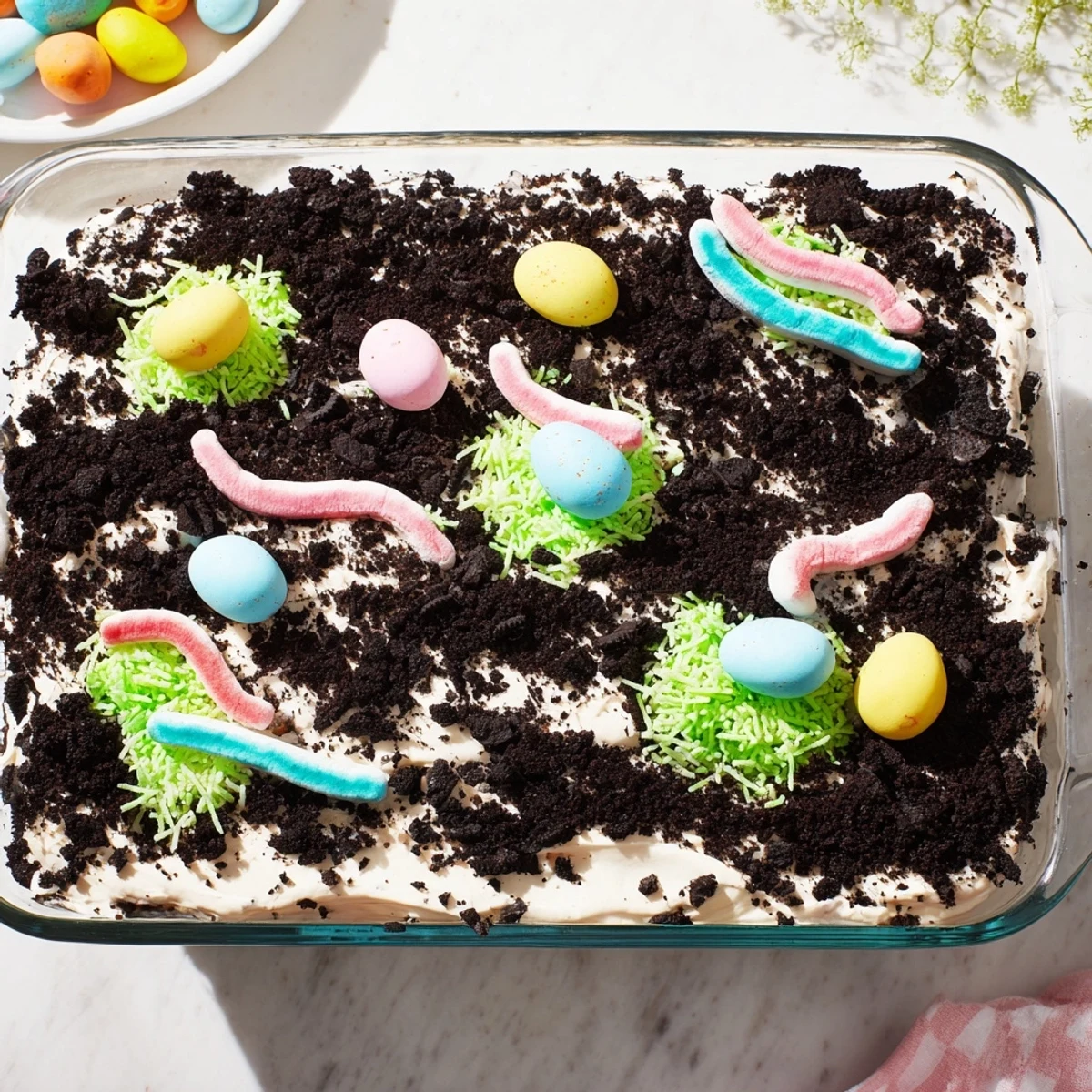 Creamy no-bake Easter Dirt Cake Casserole topped with crushed Oreos and candy