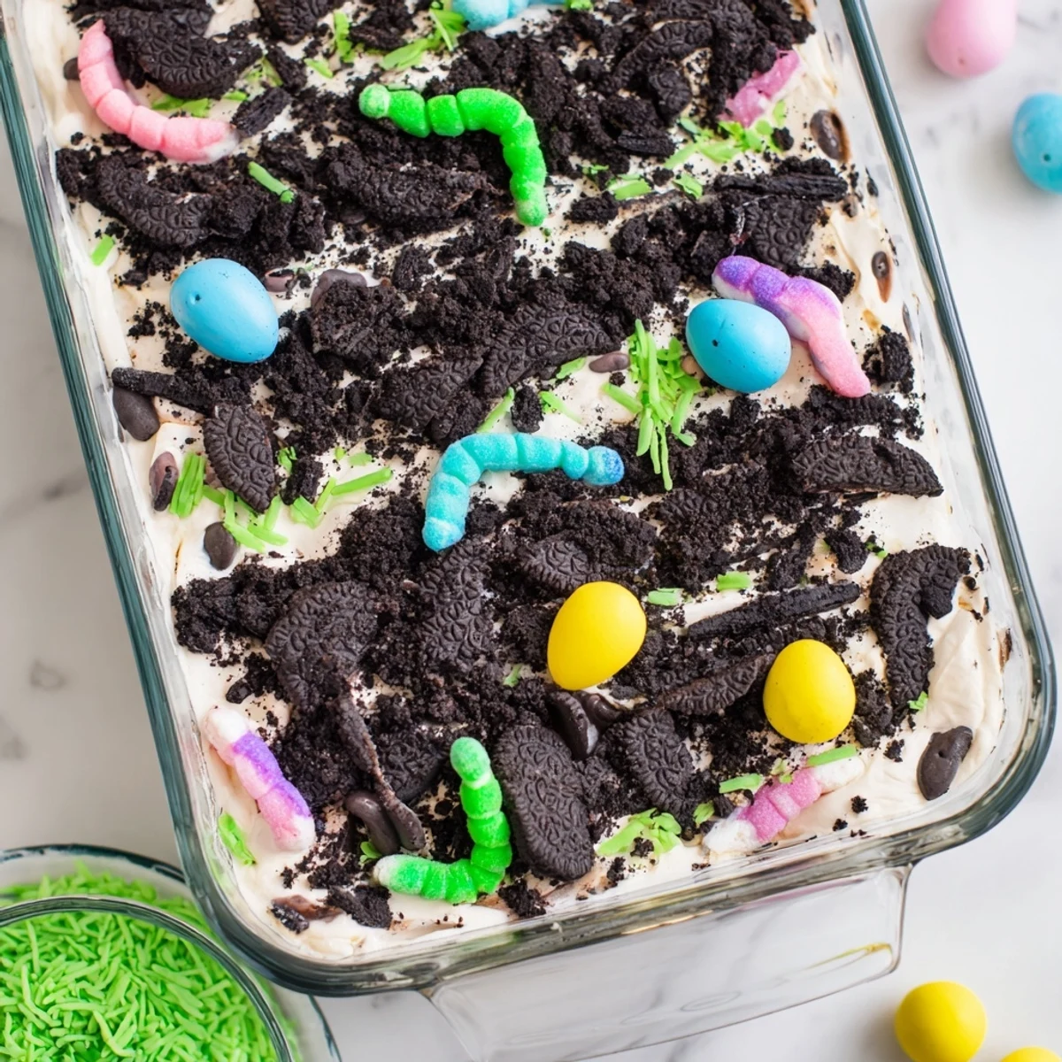 Easter Dirt Cake Casserole dessert with layered pudding, chocolate dirt, and colorful decorations