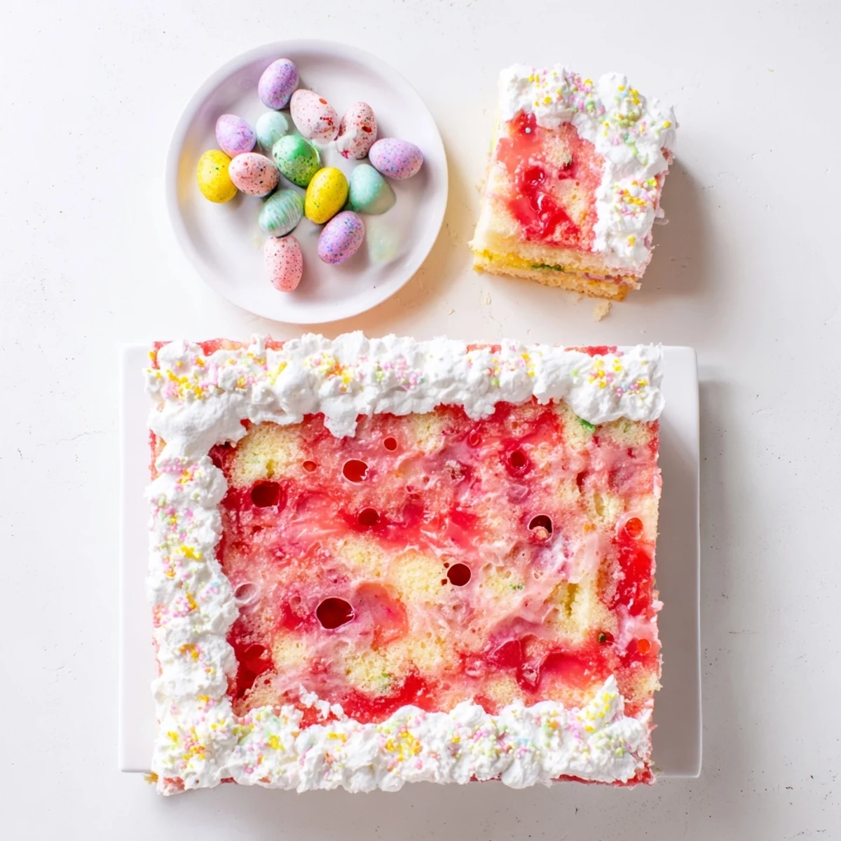 Festive Easter poke cake with colorful vanilla gelatin swirls and fluffy whipped cream topping