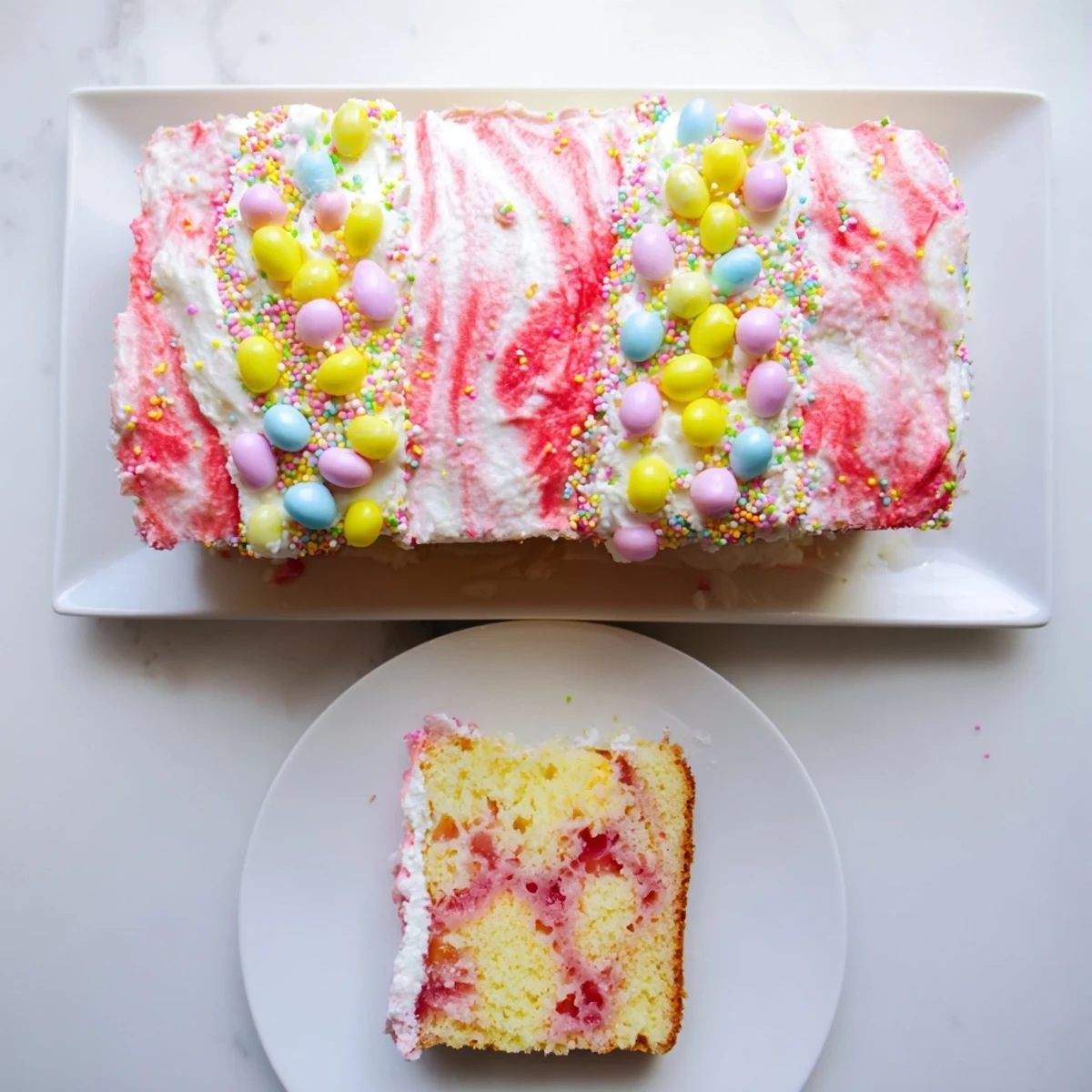 Colorful Easter poke cake displaying vibrant gelatin pockets topped with white cream and pastel sprinkles