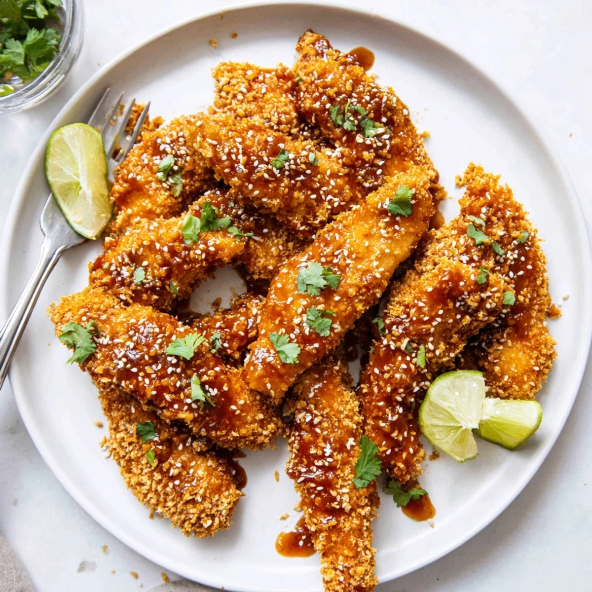 Golden crispy Thai sticky chicken fingers glazed in sweet spicy red sauce topped with fresh cilantro and sesame seeds