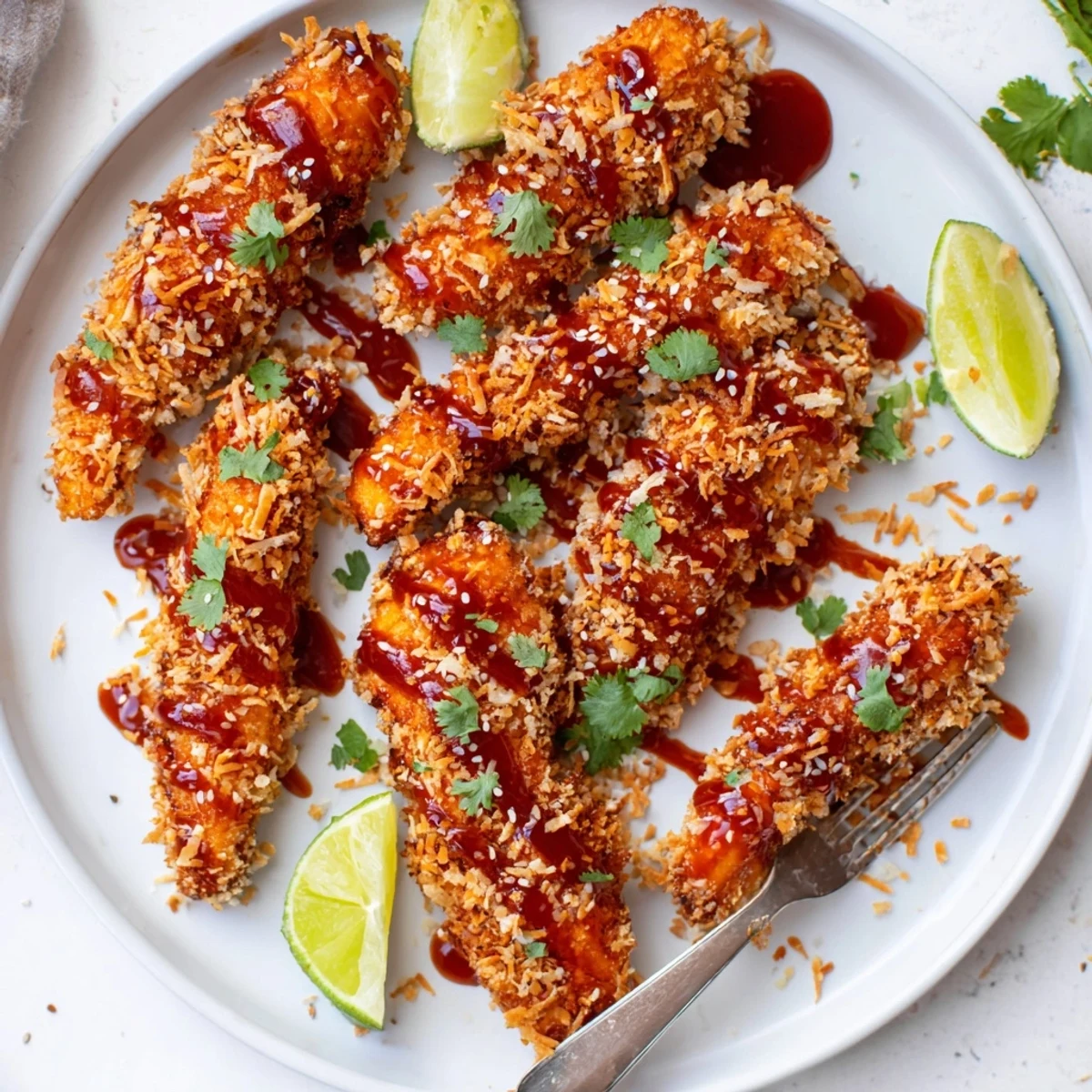 Plate of glossy Thai sticky chicken fingers sprinkled with toasted sesame seeds and chopped cilantro served with fresh lime