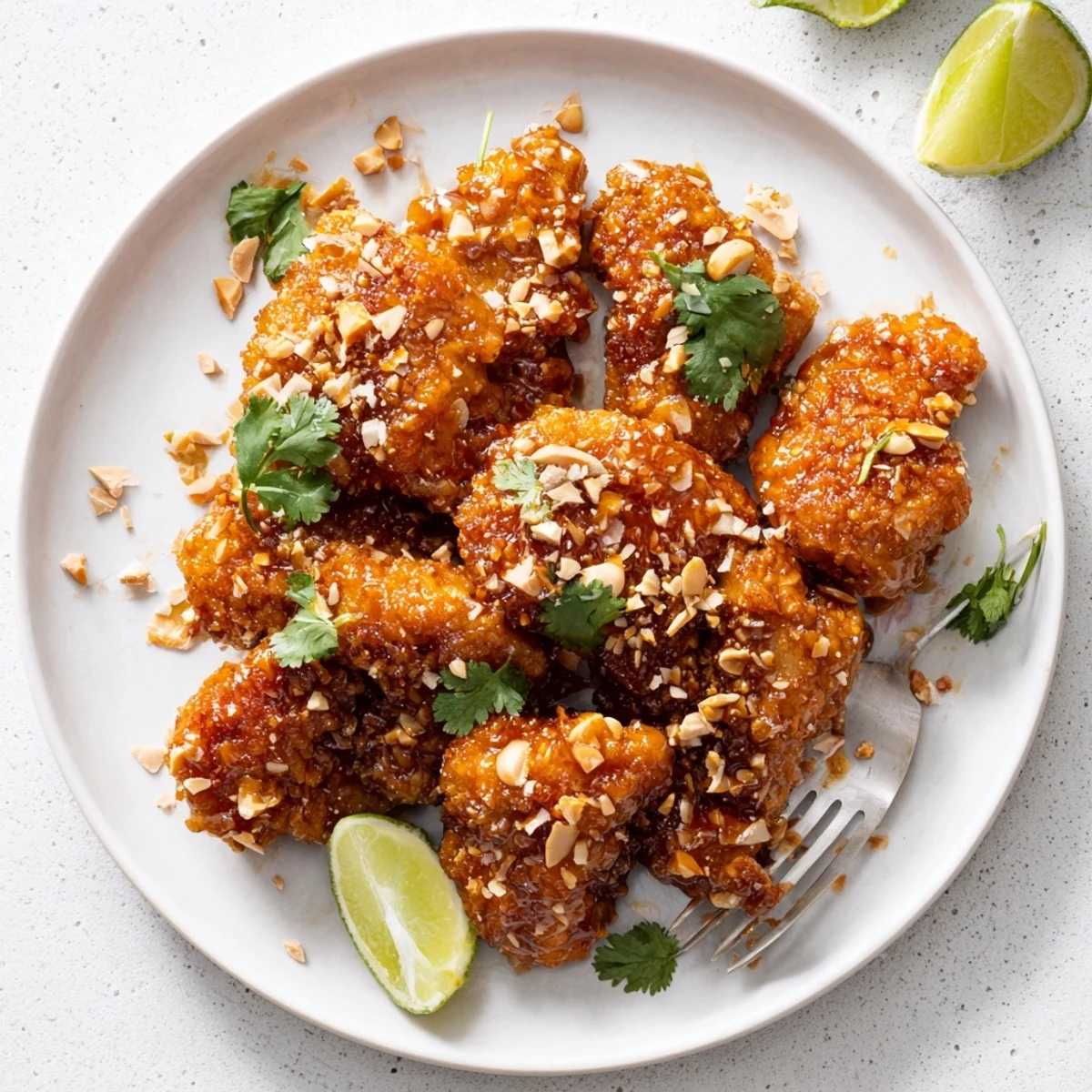 Baked chicken tenders coated in crunchy panko and coconut tossed in tangy Thai chili sauce with lime wedges