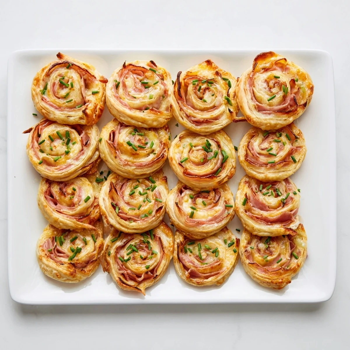Golden baked Easter ham cheddar pinwheels arranged on a white serving platter