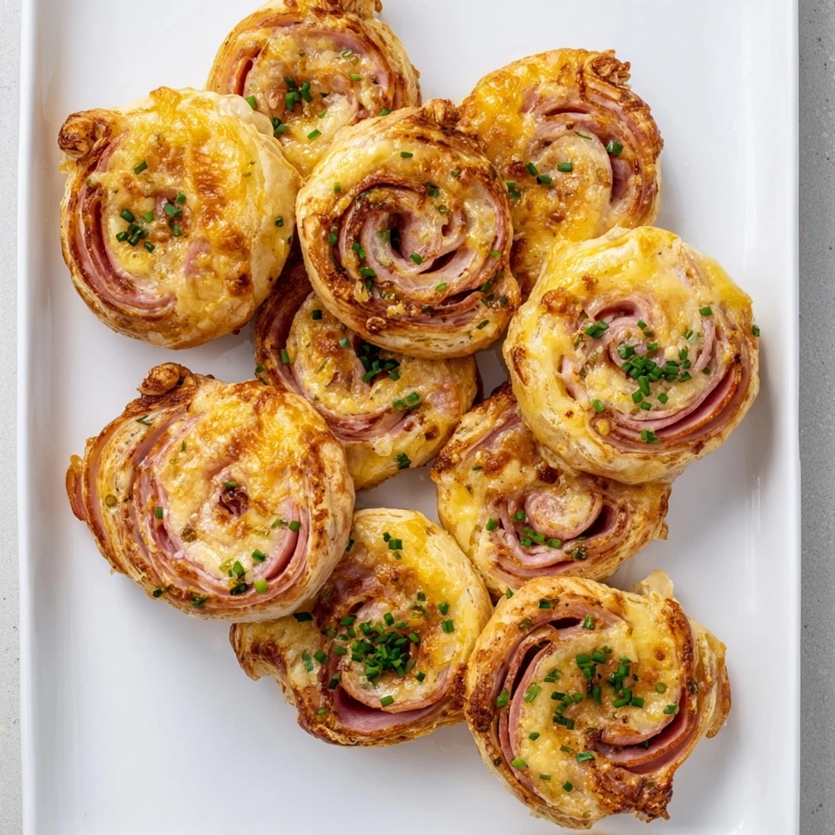 Freshly baked Easter ham cheddar pinwheels garnished with herbs for spring entertaining