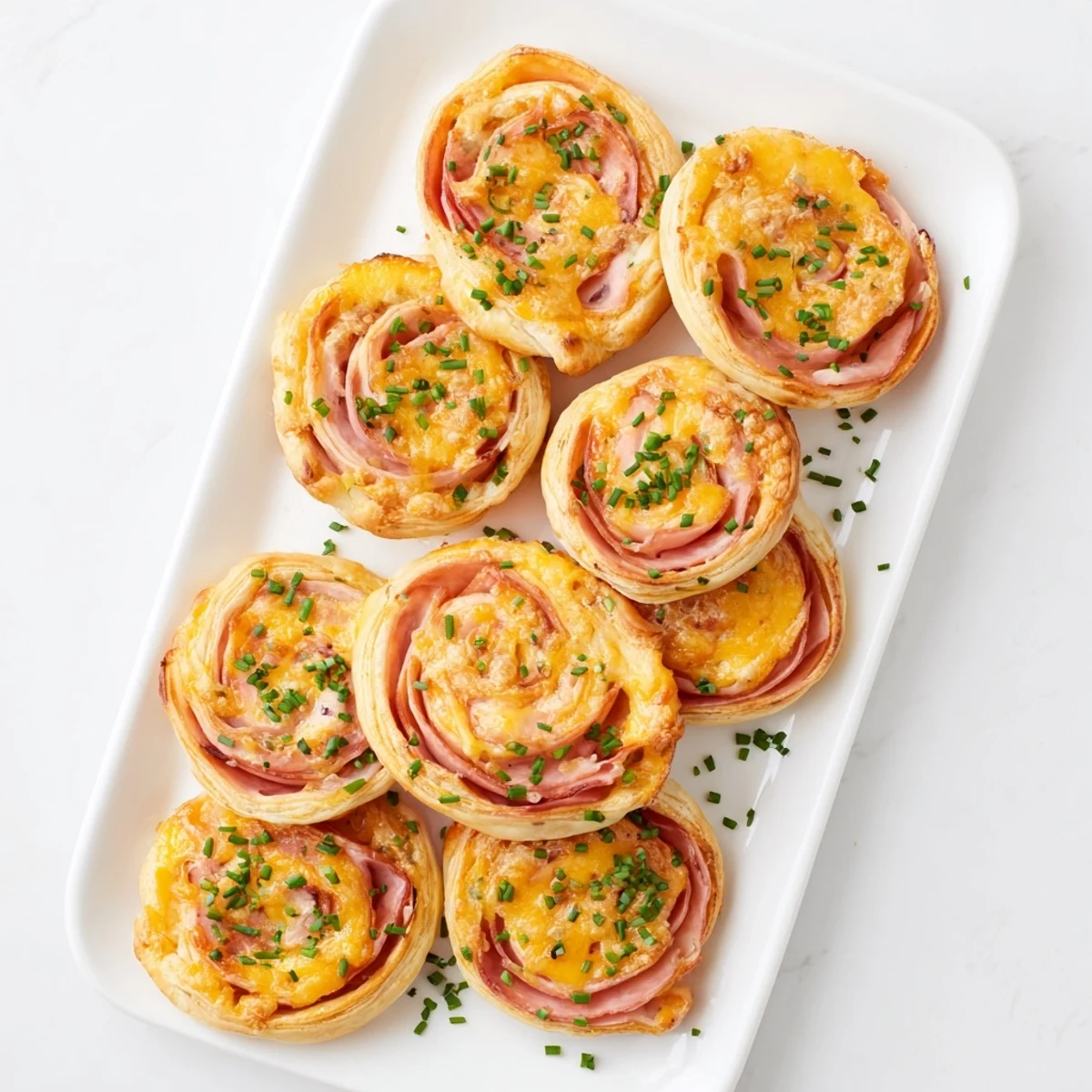 Spiral sliced Easter ham cheddar pinwheels featuring flaky layers and melted cheese