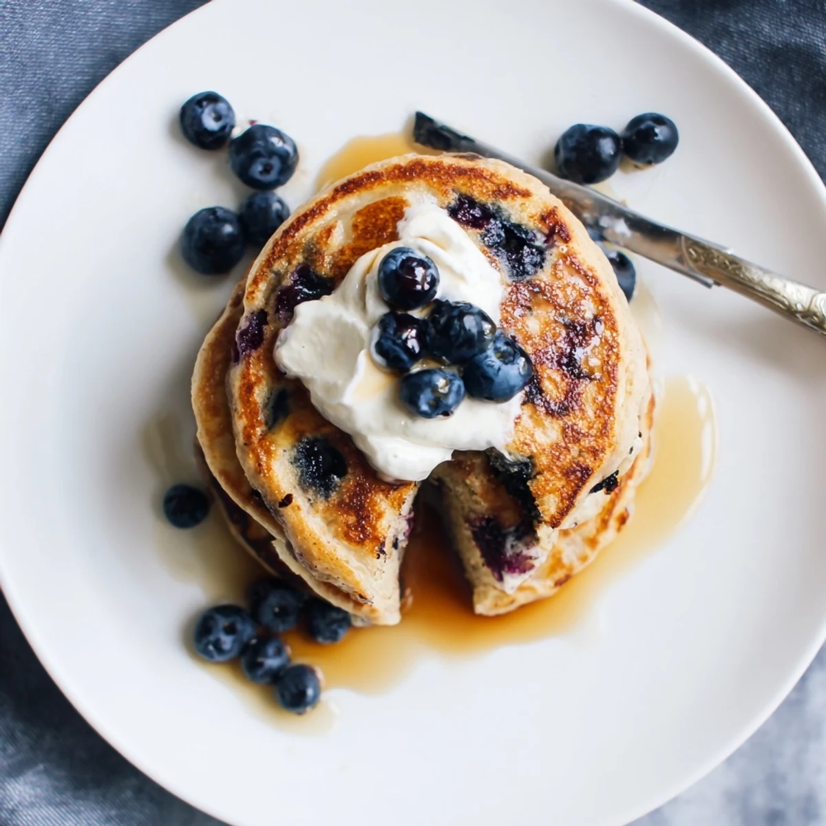 Golden stack of fluffy Greek yogurt blueberry pancakes drizzled with maple syrup on a white plate