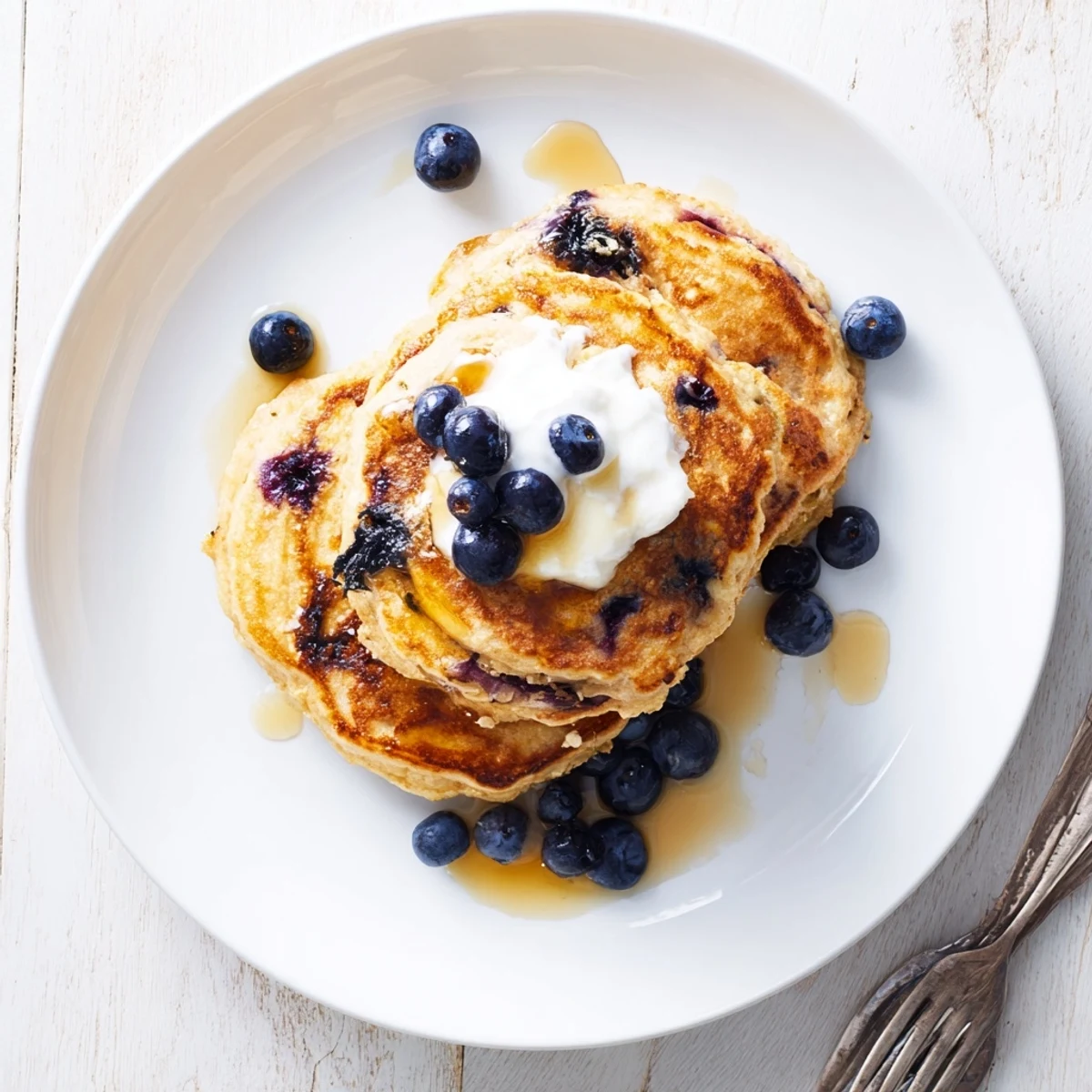 Golden brown Greek yogurt blueberry pancakes stacked high with melted butter and extra blueberries