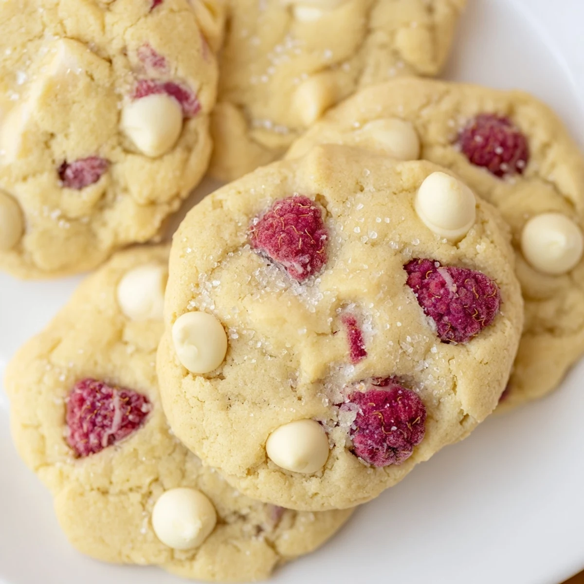 Freshly baked lemon raspberry cookies on a wire cooling rack with golden edges and bright red berry bits visible throughout