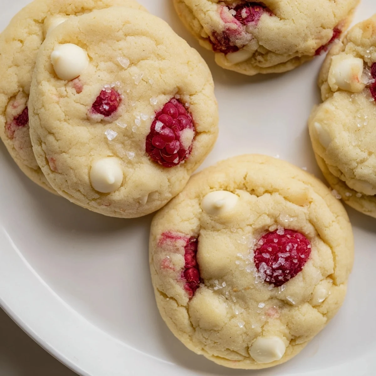 Soft lemon raspberry cookies stacked on a white plate, garnished with fresh raspberries and dusted with coarse sparkling sugar