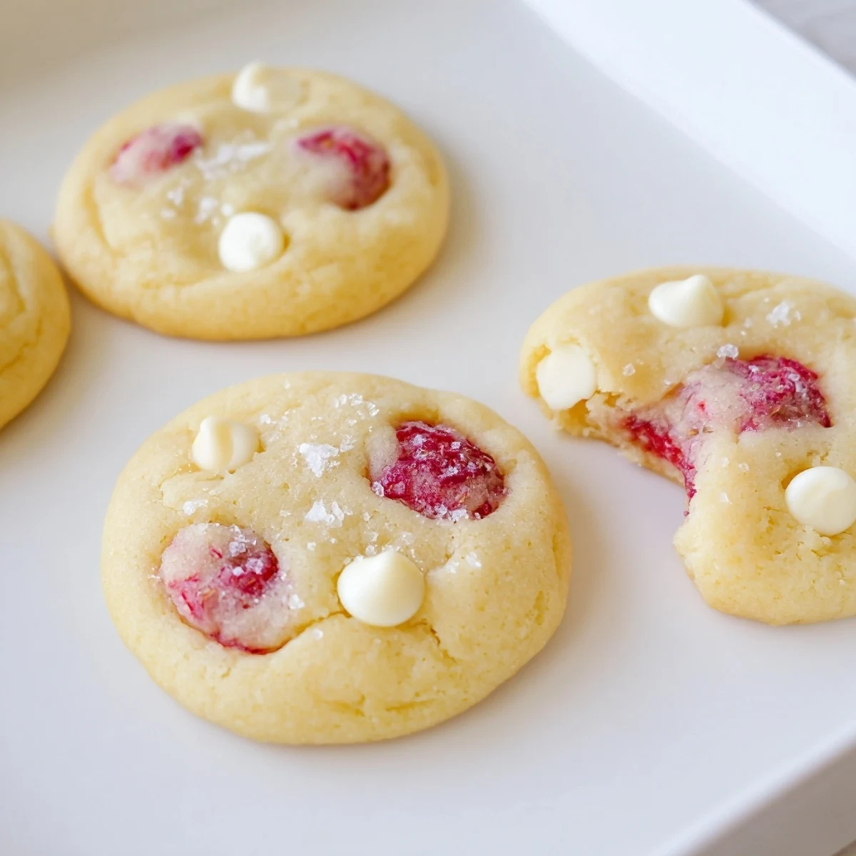 Close up of lemon raspberry cookies showing tender texture with juicy raspberry pieces and optional white chocolate chips baked inside