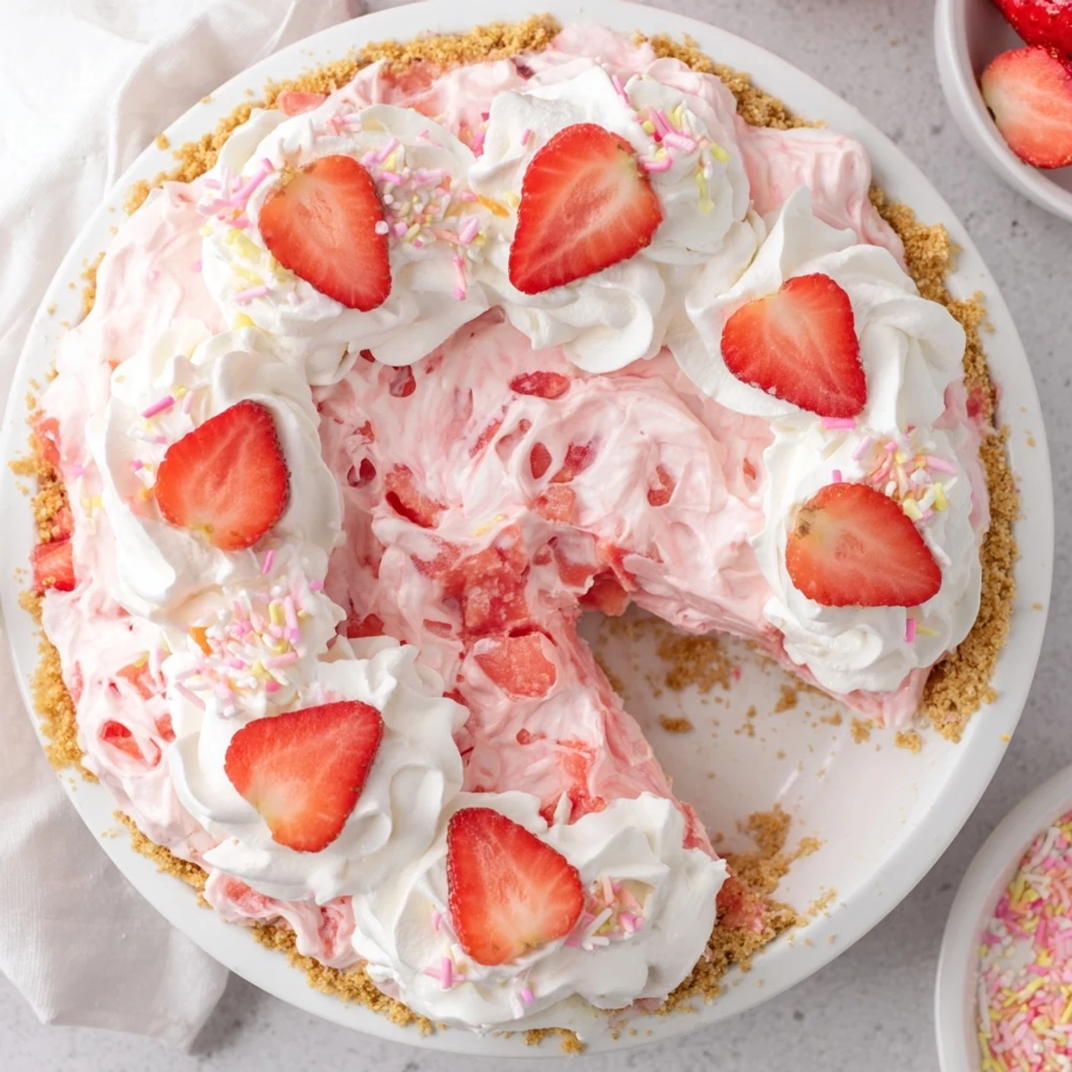 Creamy strawberry Easter no bake Jello pie with fresh strawberries and graham cracker crust topped with whipped cream