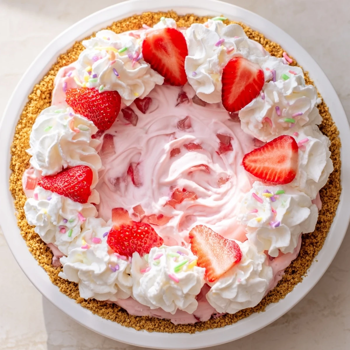 Whole Easter no bake Jello pie dessert with pastel sprinkles fresh strawberry slices on fluffy whipped topping