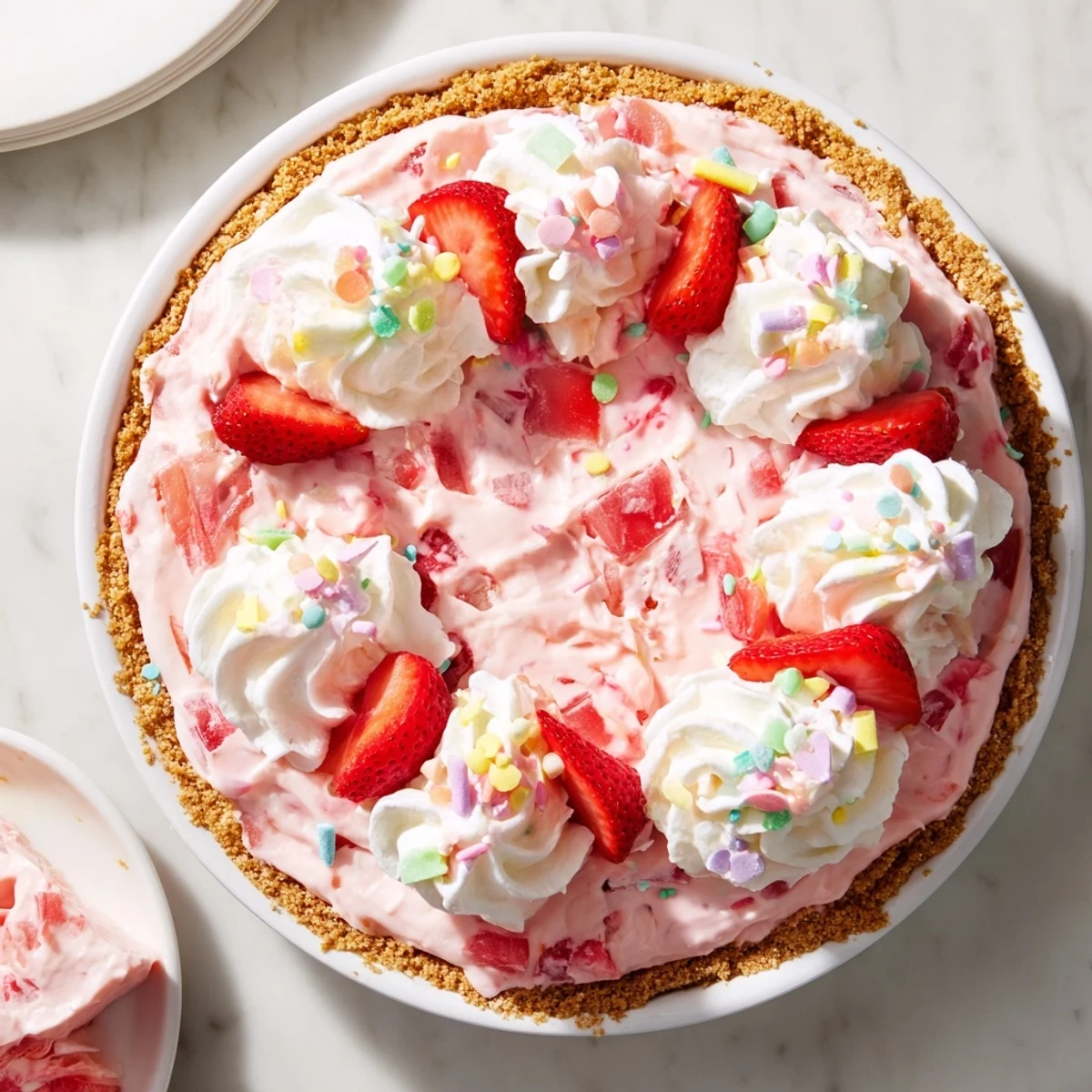 Slice of Easter no bake Jello pie showing vibrant strawberry layer swirled with creamy filling and garnish