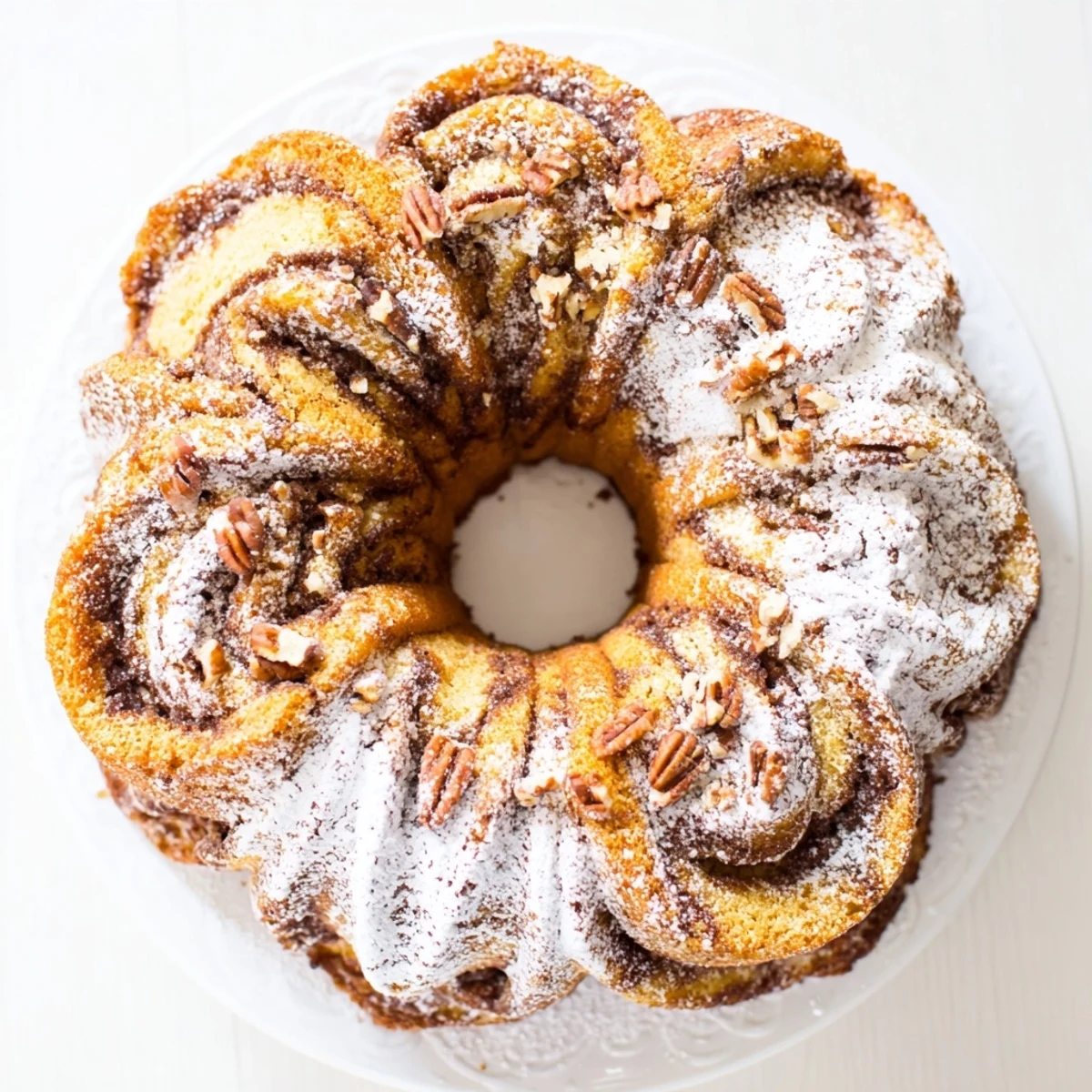 Golden breakfast Bundt coffee cake with cinnamon swirl and powdered sugar dusting on serving plate